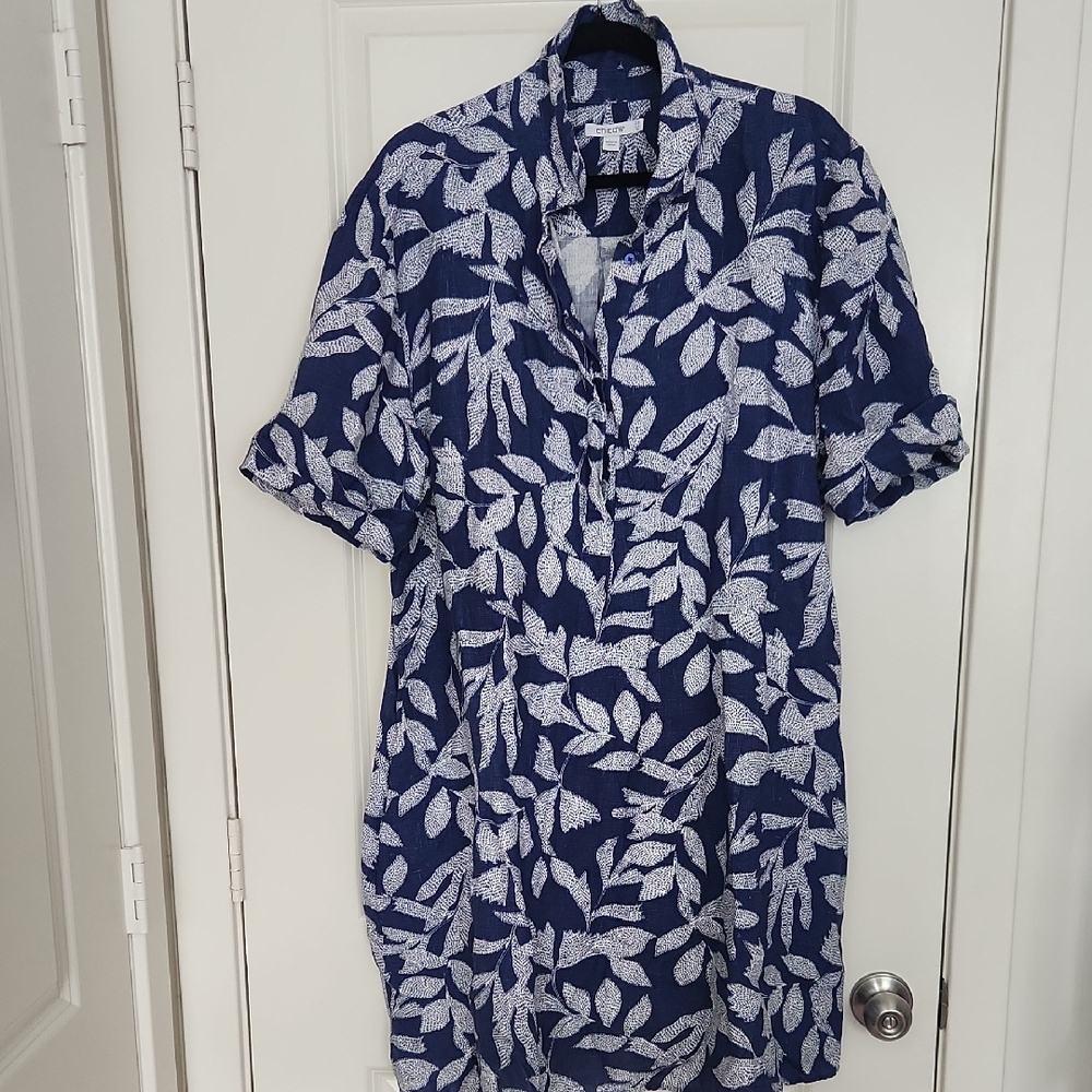 Chicos Linen Leaf Popover Dress 3.5